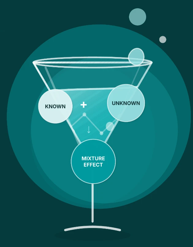 Illustration of a cocktail glass where known and unknown substances combine into one mixture effect